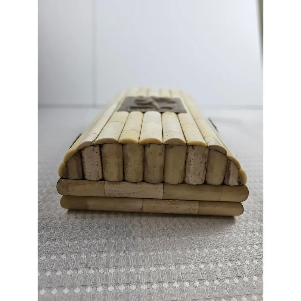 Vintage Carved Bone Hinged‎ Trinket Box - Black Velvet Lined -  Made in India